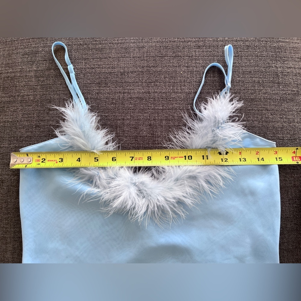 La Vie En Rose Women’s Baby Blue Feather Trim Holiday Lingerie Slip Dress Small - Picture 5 of 6